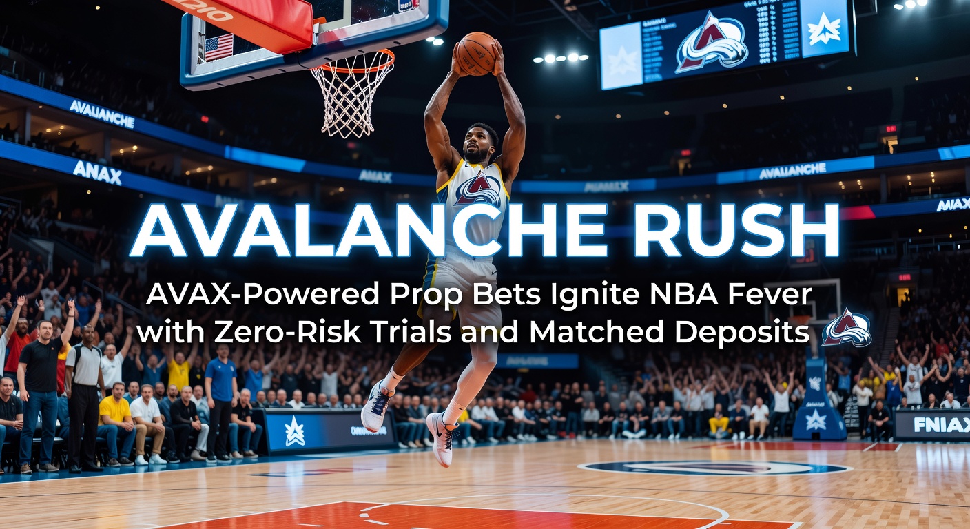 Visuelle Darstellung von Zero-Risk NBA-Prop-Bets auf Avalanche, mit AVAX-Transaktionen und Basketball-Action