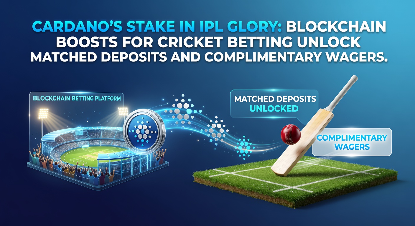 Cardano-Logo mit IPL-Cricket-Spielern auf dem Feld, symbolisiert Blockchain-Integration in Sportwetten