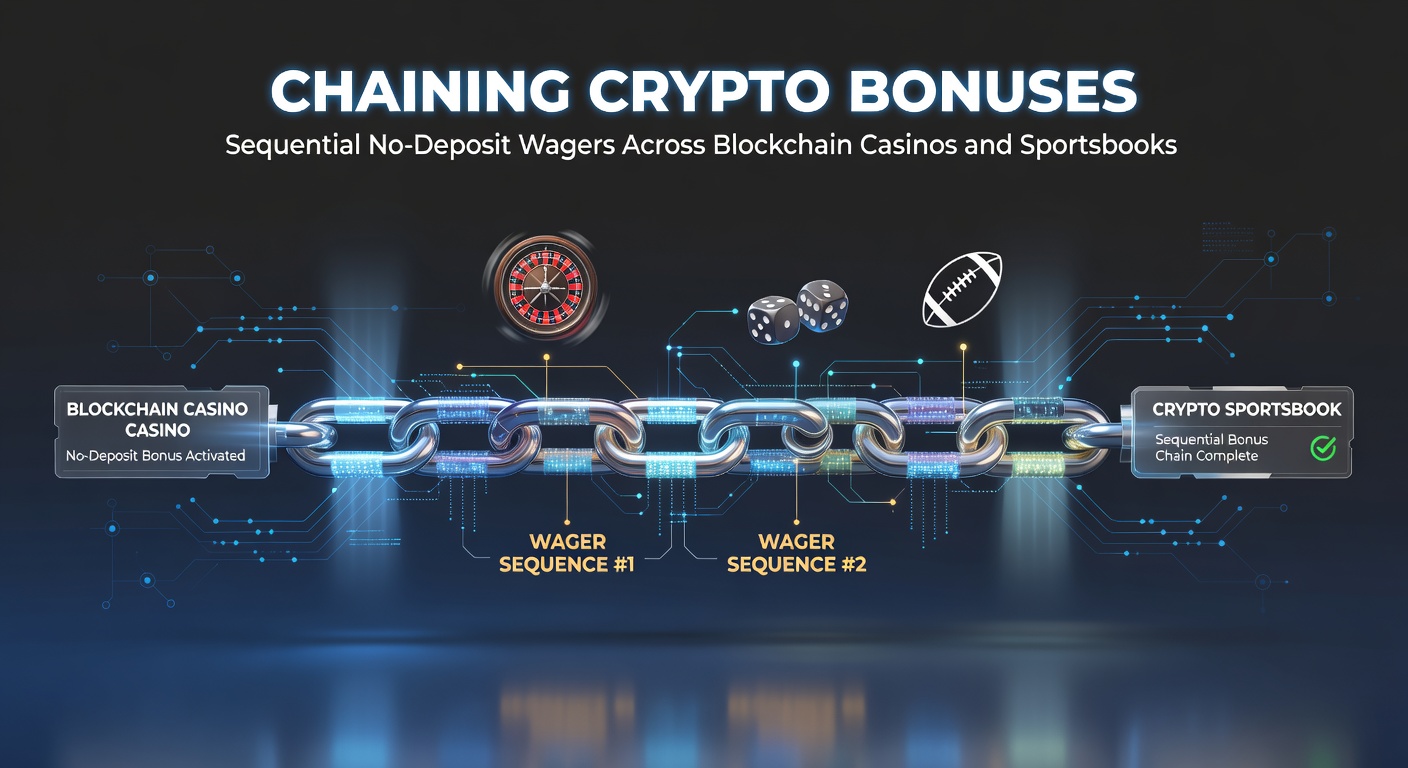 Illustration einer Kette aus Sportwetten-Symbolen mit Crypto-Wallets und Bonus-Pfeilen, die Plattformen verbinden