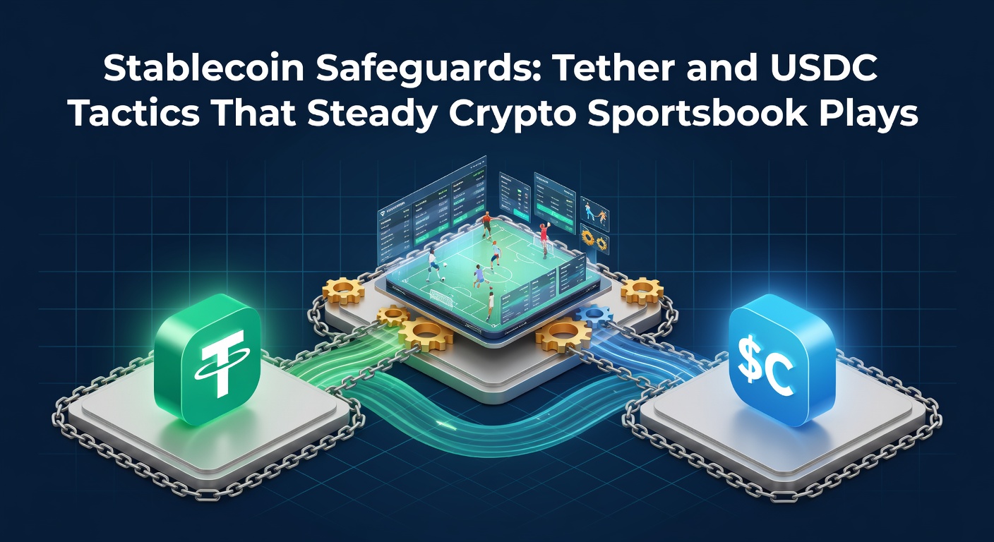 Grafik zeigt Stablecoins wie USDT und USDC mit Schutzschilden vor volatilen Kryptomärkten, ideal für Sportsbook-Wetten